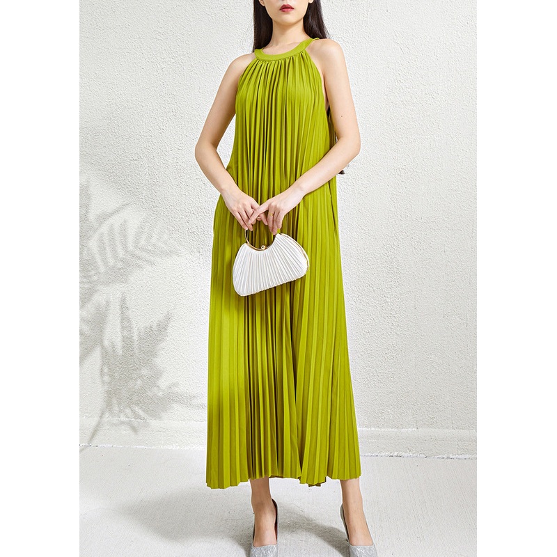Wrinkled Halter Green Sleeveless Dress Pockets Long Organic