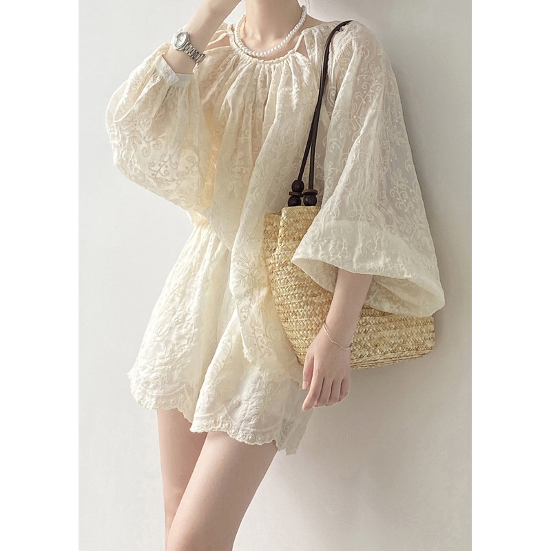 Art Shorts Piece Beige Spring And Two Set Cotton Tops Embroidered