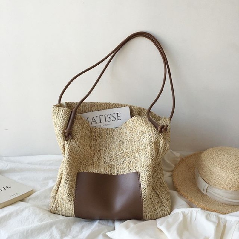 Bag Straw Tote Applique|Black|Coffee|White|Yellow|One Size