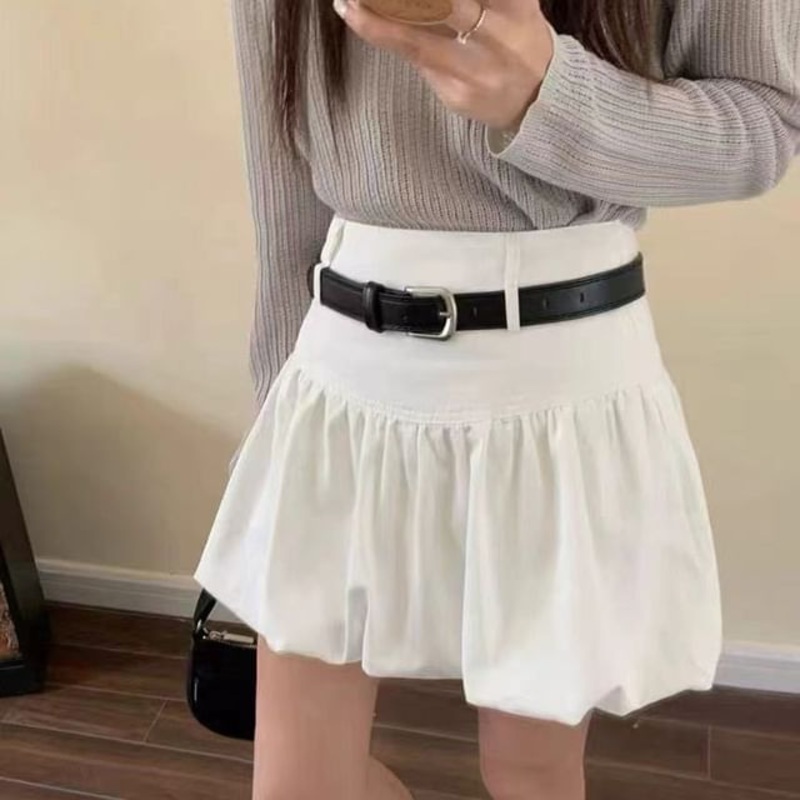 Belt Bubble Rise + High Skirt A-Line Hem Plain Set: Mini