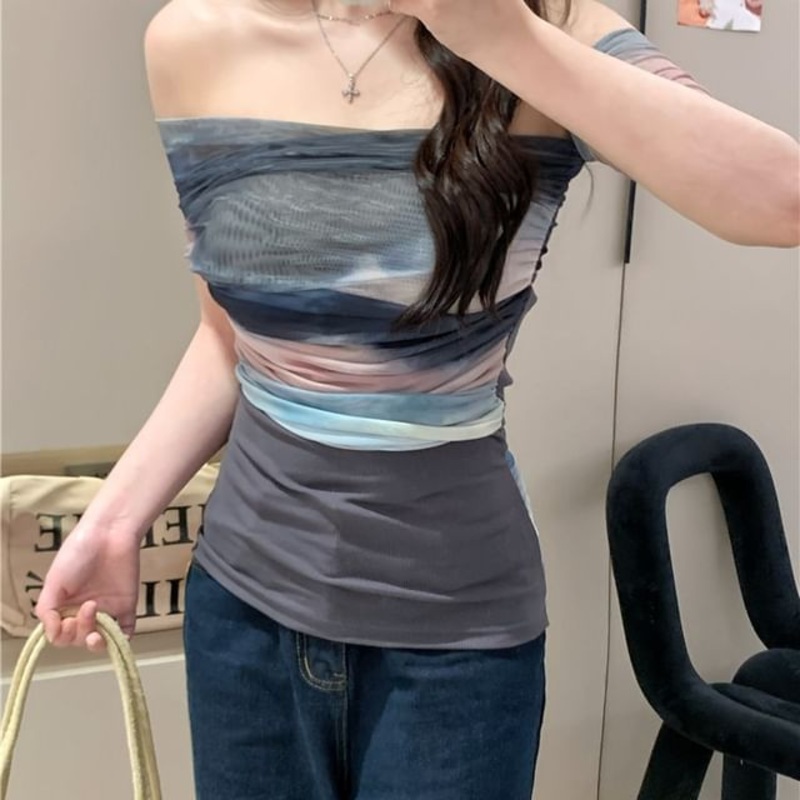 Block Color Off-Shoulder Top Short-Sleeve Fit Mesh Slim