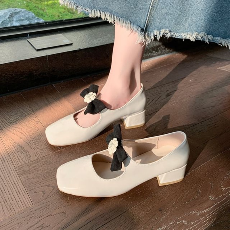 Bow Jane Toe Square Flower Pumps Mary Heel Block