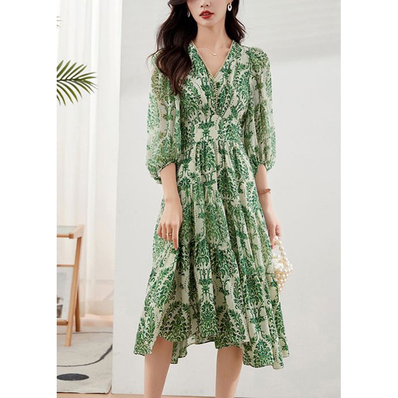 Bracelet V Vacation Handmade Green Print Chiffon Dresses Neck