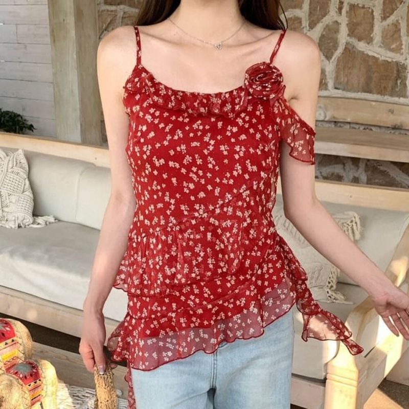 Floral Asymmetrical Trim + Scrunchie Ruffle Cami Set: Top