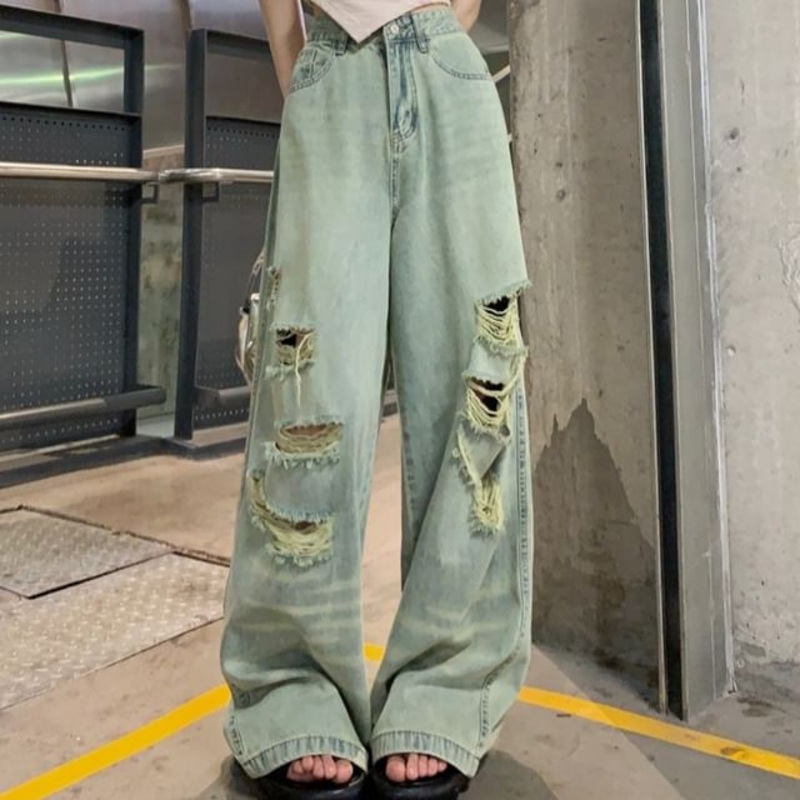 Leg Washed High Jeans Ripped Wide Rise