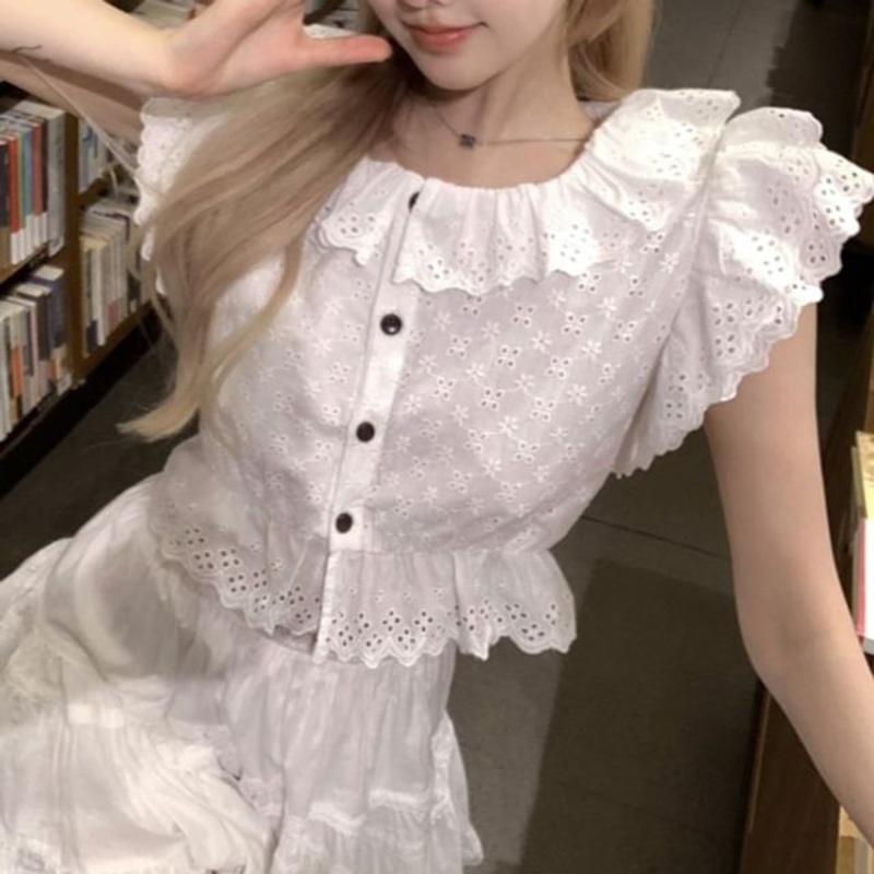 Ruffle Collared Embroidered Plain Sleeve Blouse Eyelet Cap