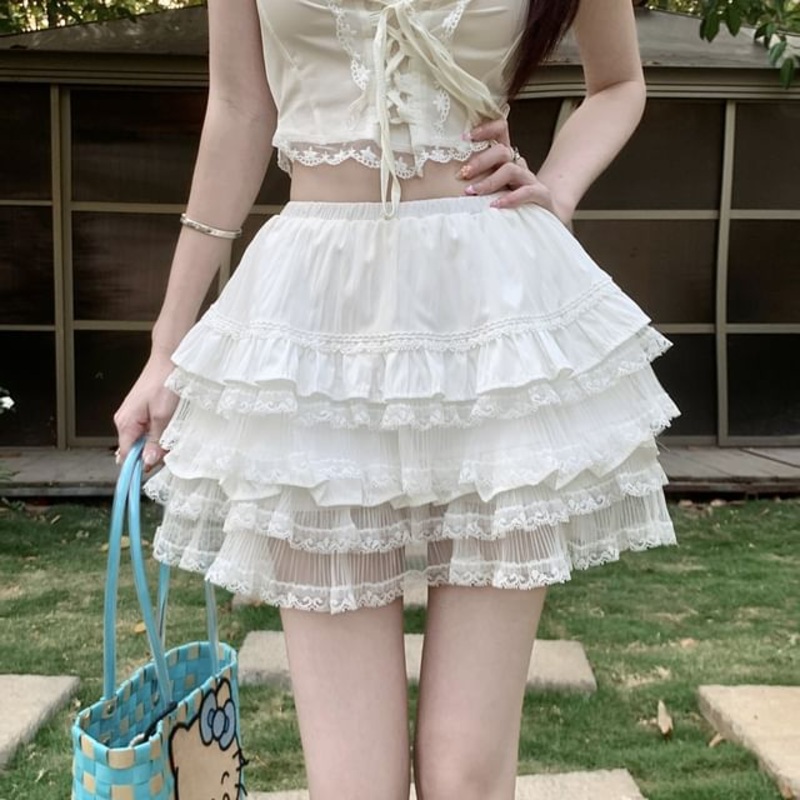 Waist Skirt Tiered A-Line High Mini Panel Lace Plain