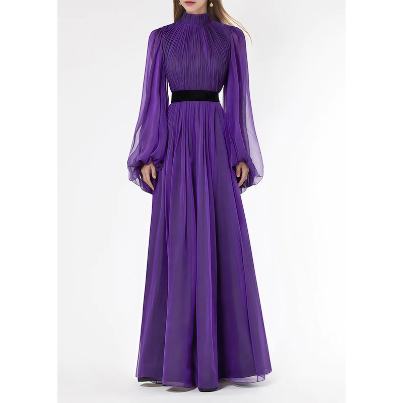 Wrinkled Purple Lantern Collar Silk Stand Italian Long Dresses