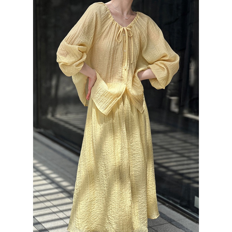 Yellow Tops Up Cotton Pieces French Skirts Lace Set Two And