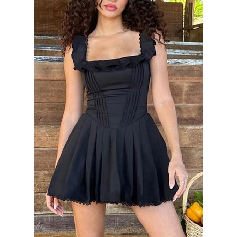 American Ruffled Strap Style Summer Dress Black Spaghetti