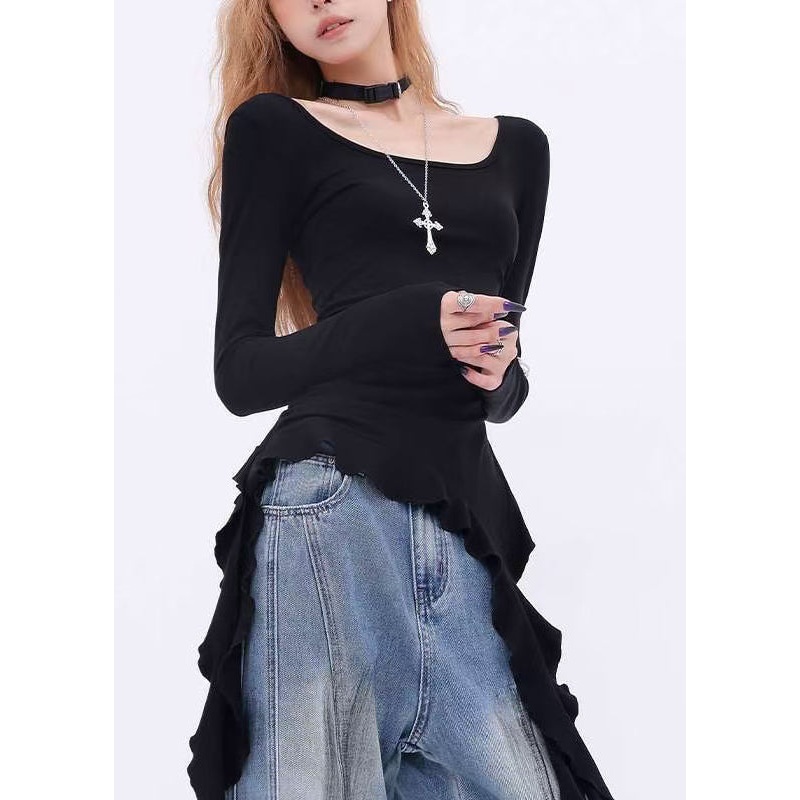 Asymmetrical Spring Shoulder One Black Cotton French Tops