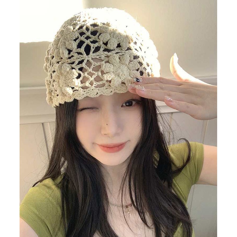 Beige Handmade Boonie Knit Hat Out Hollow Floral