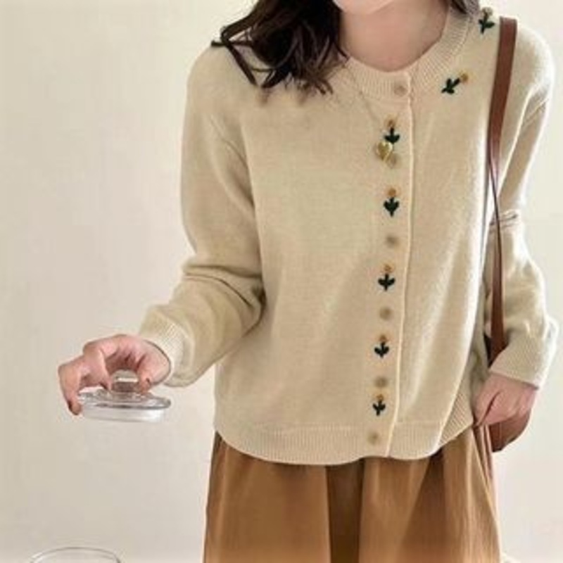 Cardigan Plain Floral Crew Neck