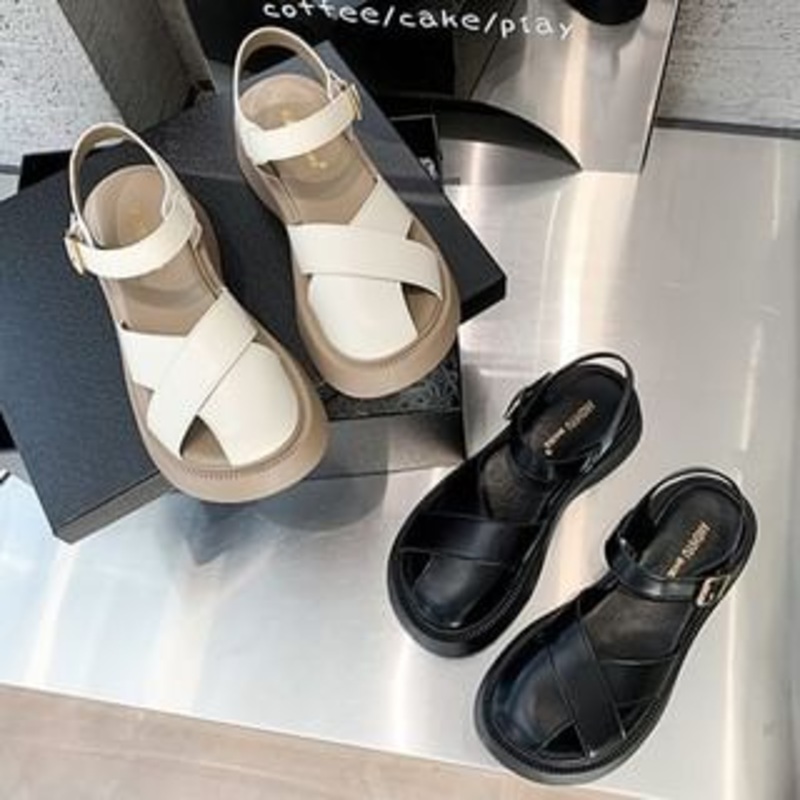 Leather Sandals Faux Platform|Black|Off-White|35|36|37|38|39|40