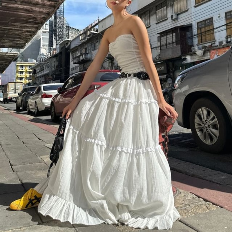 Maxi Elastic / A-Line Plain Tiered Waist Ruffle Tube Top Skirt