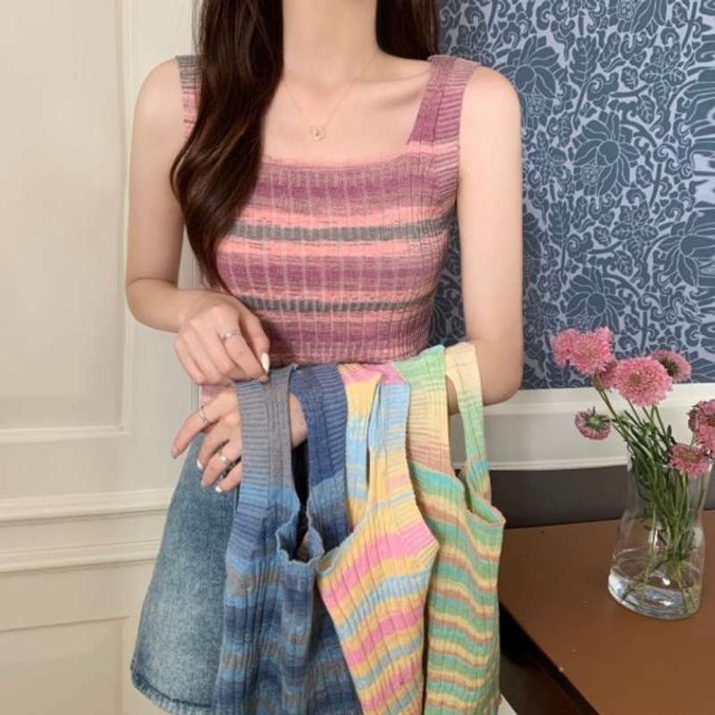 Striped Sleeveless Top Knit|Blue|Green|Pink|Yellow|One Size