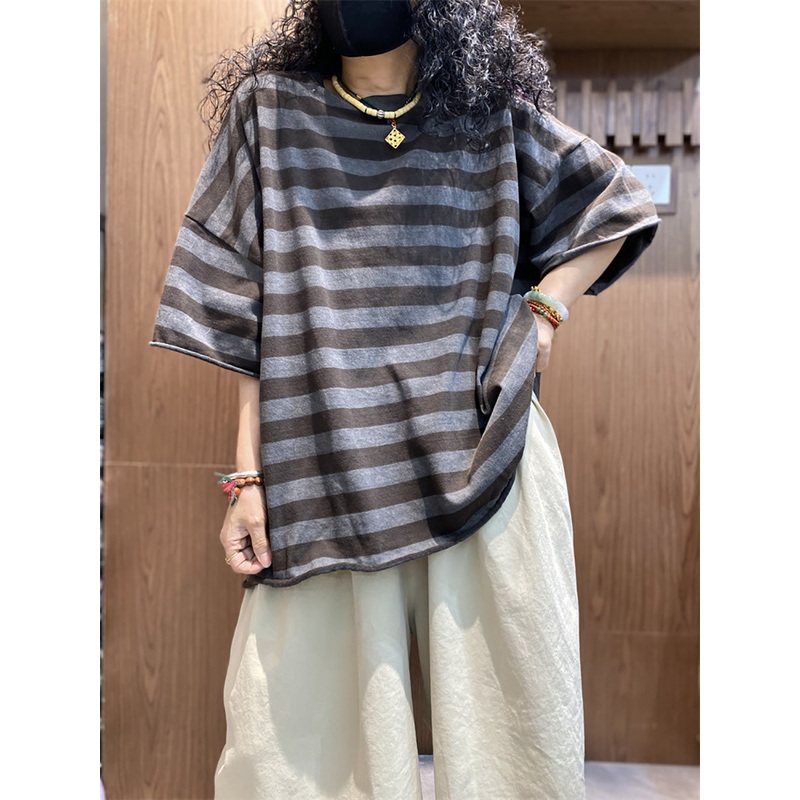 Summer Plus Shirt size O-Neck Colorblock Stripe Women