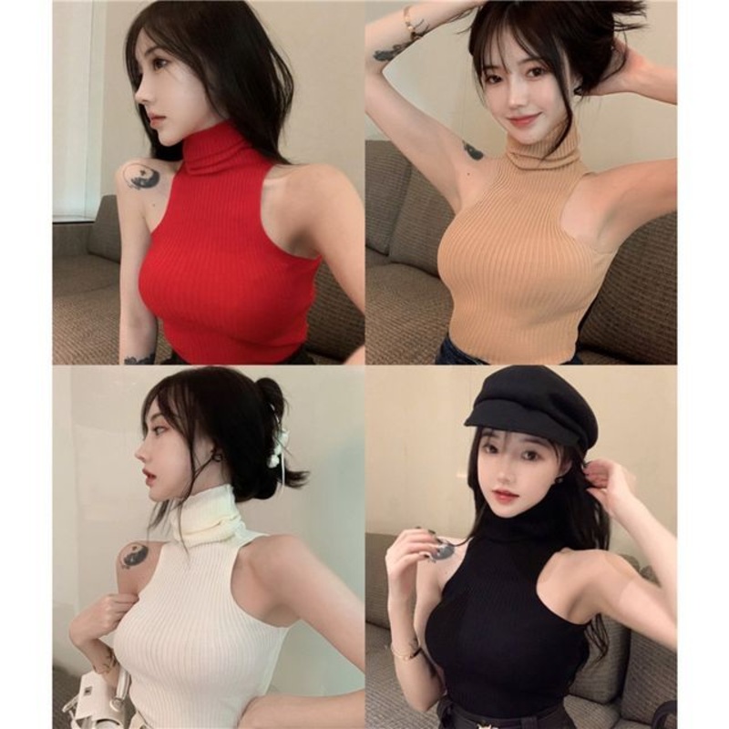 Turtleneck Sleeveless Plain Top