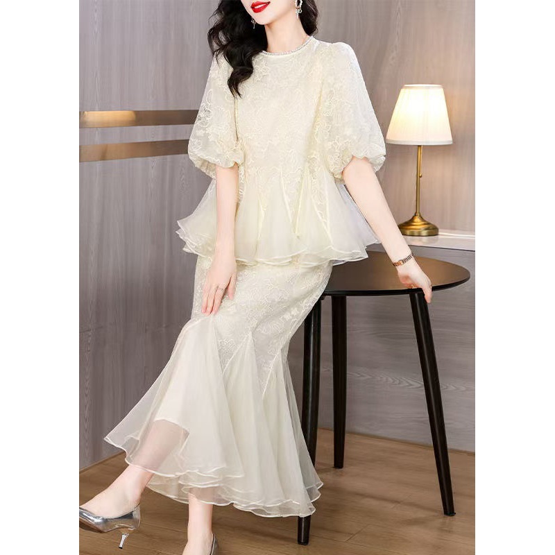 Two Skirt And Tops Fishtail Silk Beige Embroidered Chic Pieces