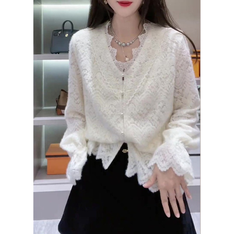 White Spring Lace Neck V French Patchwork Top