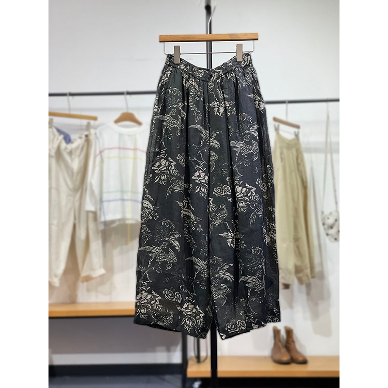 Women Flower Ramie Spring Pants Vinage Wide-leg