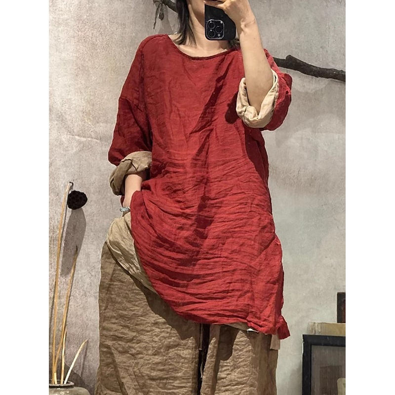 Women Pure Summer O-Neck Shirt Ramie Color Artsy