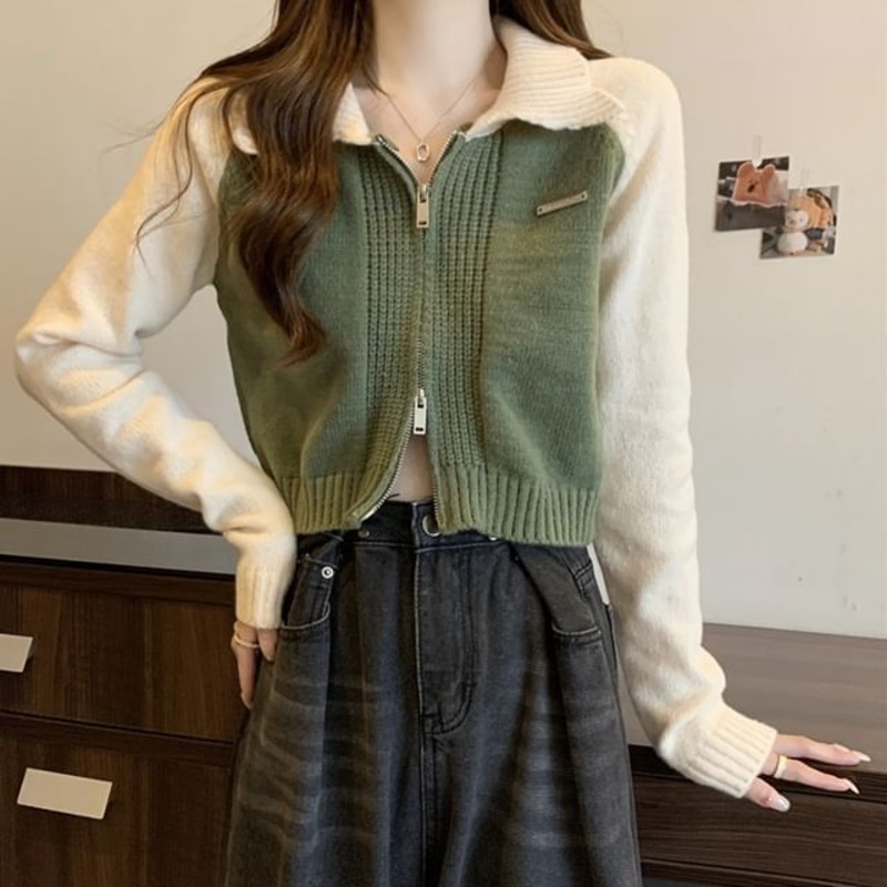 Zip Polo Two-Tone Cardigan|Almond|Gray|Green|Sapphire Blue|One Size
