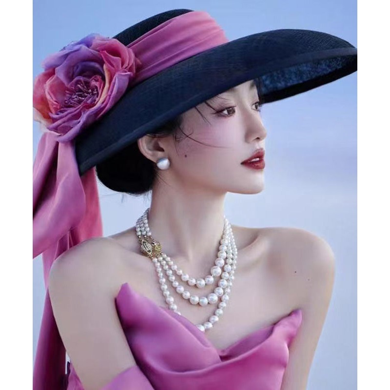 A With Brim Bow Large Floral Black Hat French