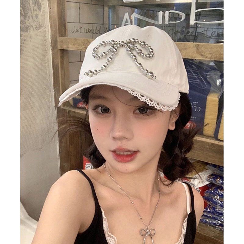 Baseball Hat Bow Lace Versatile Chic White Cap