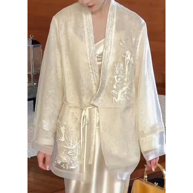 Beige Silk Up Embroidered Vintage Cardigan V Lace Neck Spring