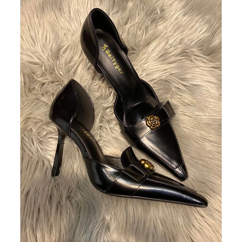 Black Stiletto High Pointed Toe Heels Fine Sheepskin Splicing