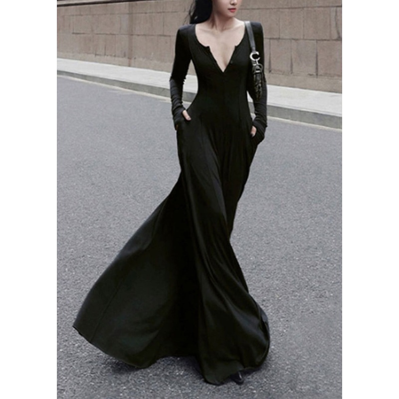 Black V Simple New Long Cotton Slim Dress Neck Fit Spring