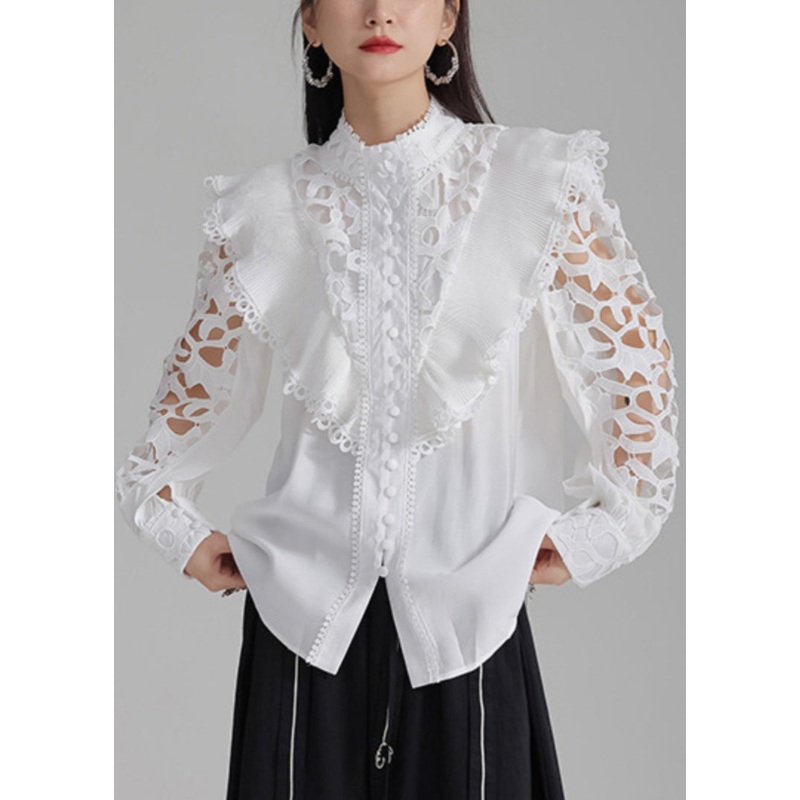 Button Shirts Stylish Cotton Out Spring White Hollow