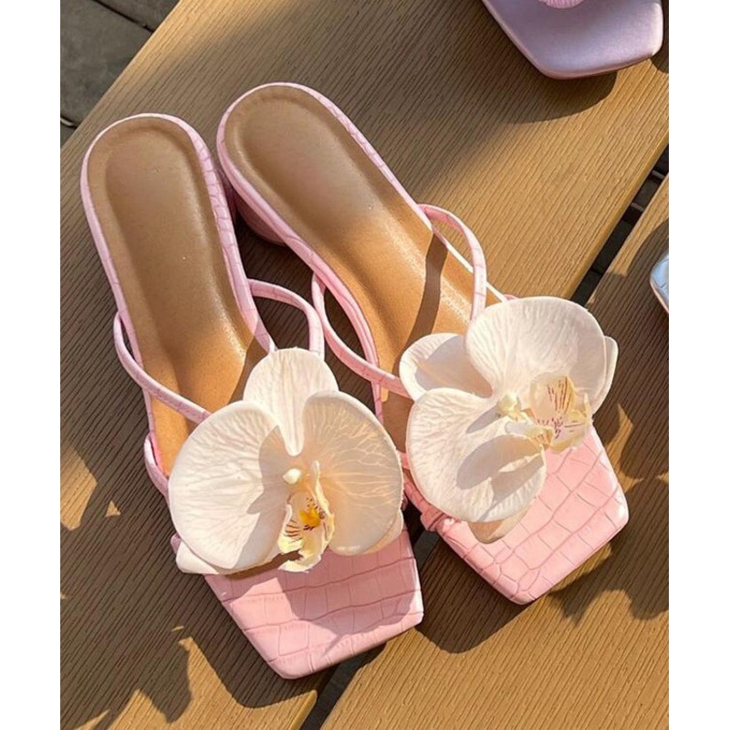 Chunky Splicing Toe Pink Slide Sandals Floral Peep