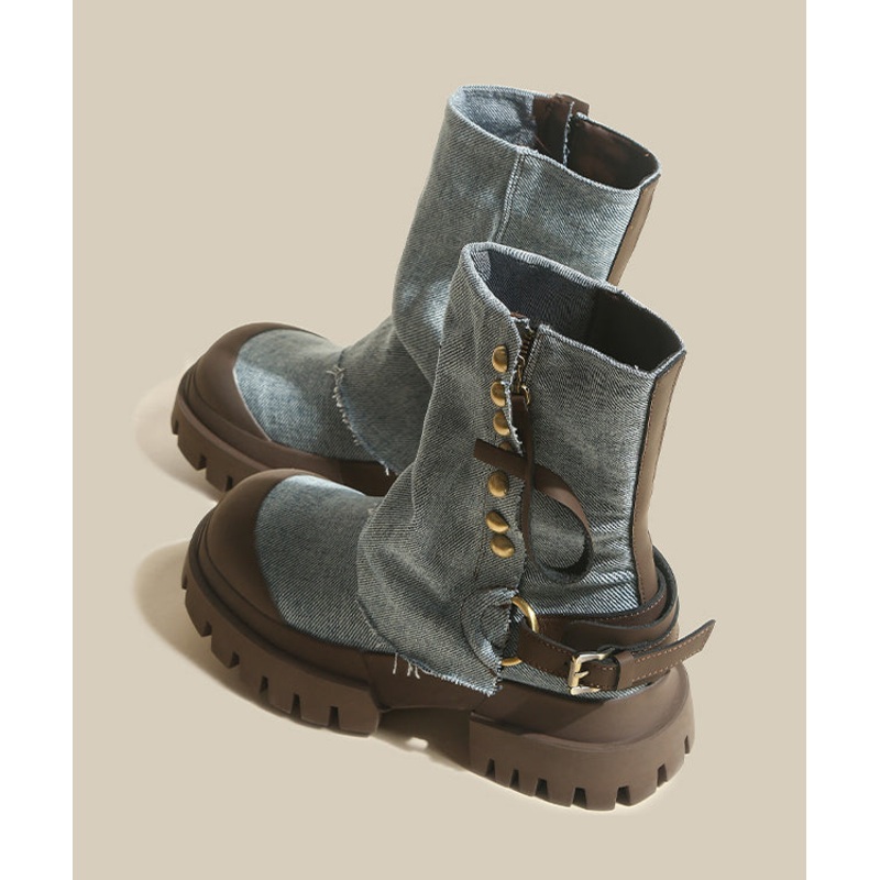 Cowhide Leather Boots Denim Blue Splicing Platform