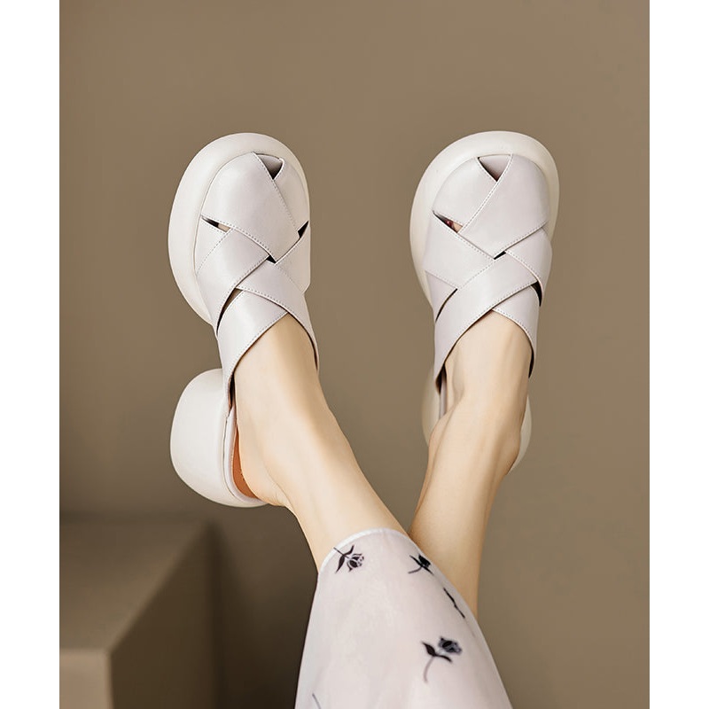 Cowhide Splicing Platform French Slide White Sandals Leather
