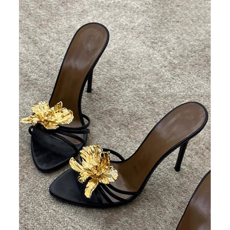 Floral Black Splicing Fashion Sandals Faux Leather Slide Stiletto