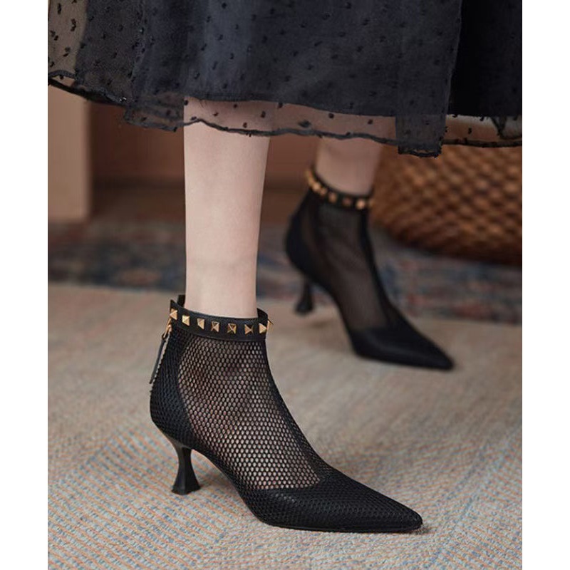 Mesh Splicing Breathable Rivet Toe Boots Pointed Black