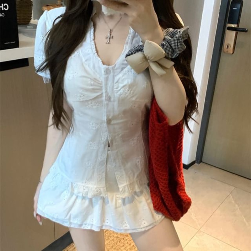 Ruffle Jacquard / V-Neck Short-Sleeve Slim Fit A-Line Mini Skirt Blouse Rise High Trim