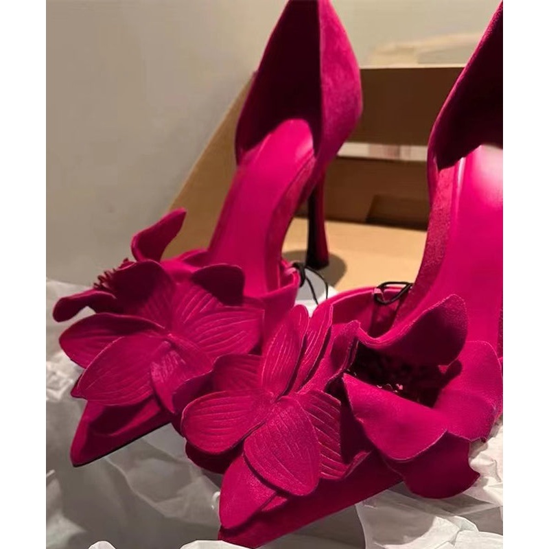 Toe Chic Pointed High Suede Heels Floral Splicing Rose