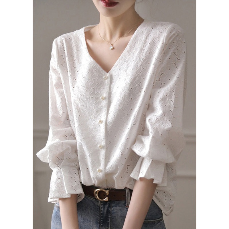 Top Cotton White French Neck Out Flare Hollow Embroidered V