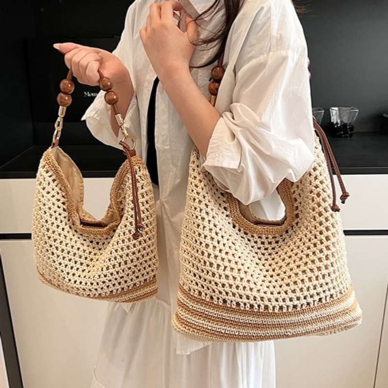 Tote Woven Strap Bag Beaded|Khaki|S