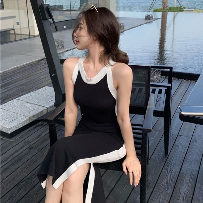 Two-Tone Midi Dress Slim-Fit Sleeveless