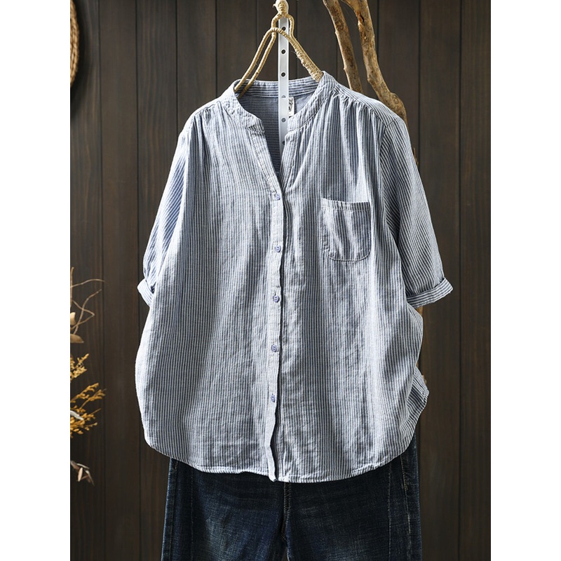100%Cotton Summer Shirt Casual Women V-Neck Stripe