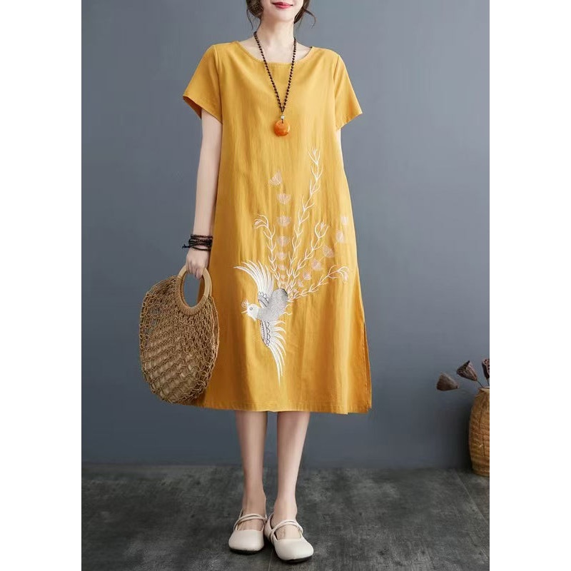 A Embroidered Linen Line Size Summer Dress Yellow Plus