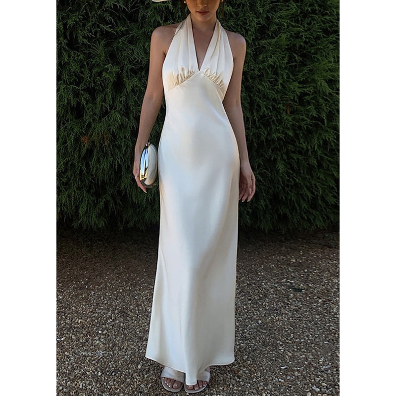 Beige Art Dresses V Silk Sleeveless Long Neck Backless Solid