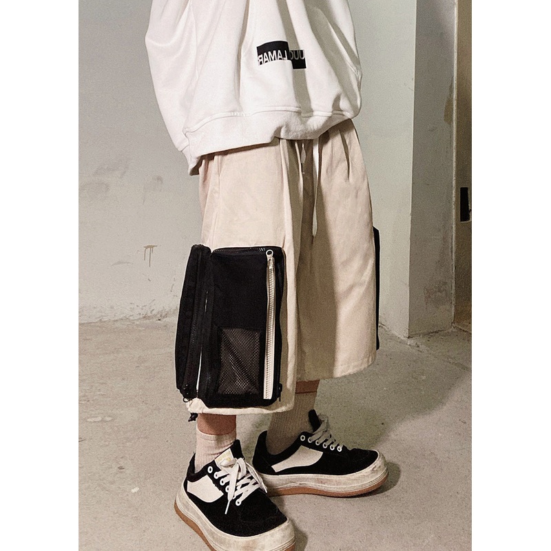 Beige Cotton Summer Casual Pockets Zip Shorts Up Men Oversized