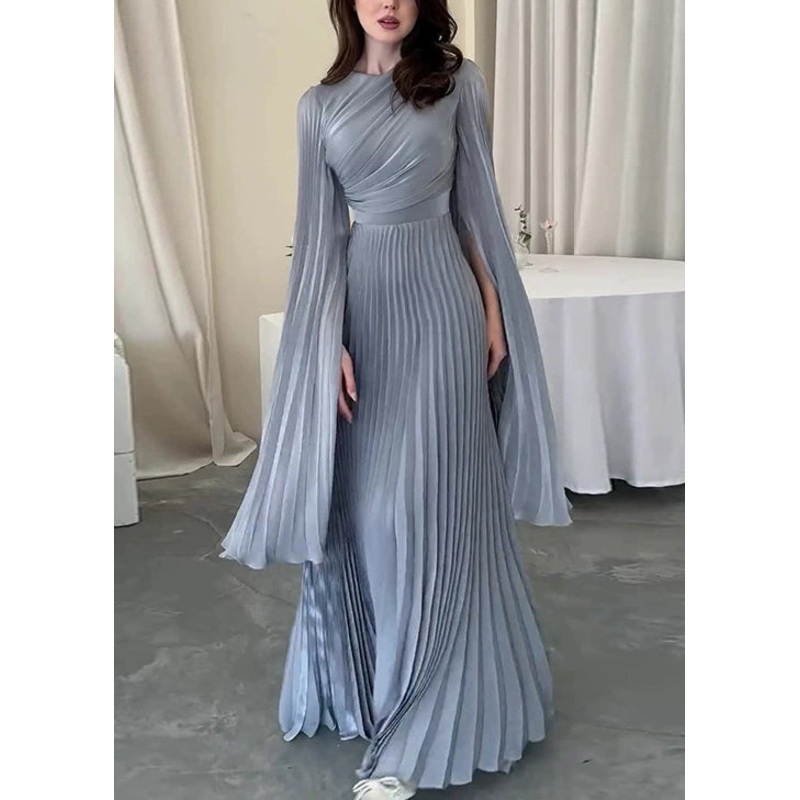 Blue Light Party Dress Cotton Waist High Spring Wrinkled French