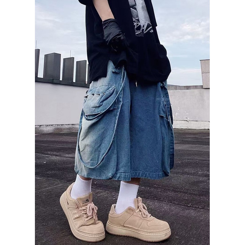 Blue Pockets Modern Shorts Denim Mens Oversized Summer