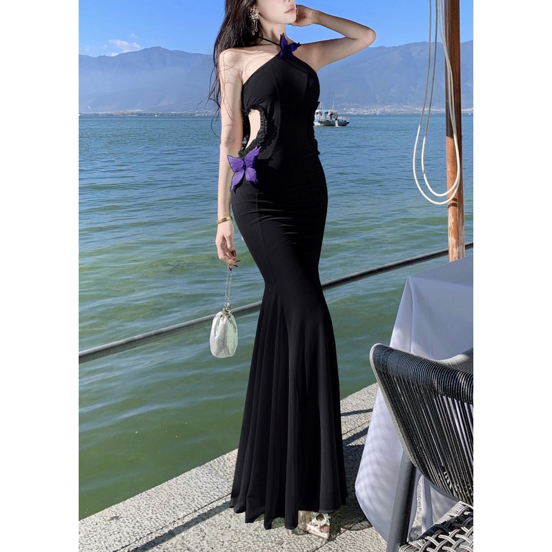 Butterfly Tulle Out Dresses Ruffled Black Hollow Long Sleeveless